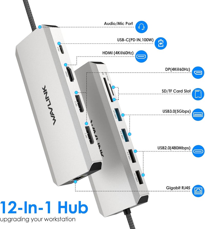 WAVLINK Laptop Docking Station,12 in 1 Triple Display USB C Hub for Windows with Dual DP, HDMI, 100W PD in, Gigabit Ethernet, USB3.0/2.0 Ports, SD/TF Card Reader, Mic/Audio for Lenovo HP Dell - Image 2